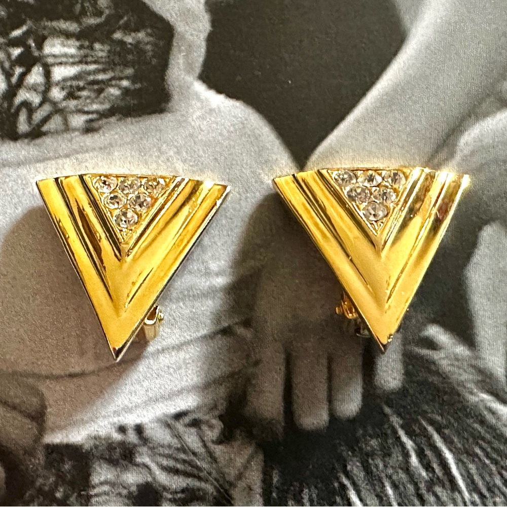 1990s Vintage Gold Tone Triangular Clip On Earrings with Clear Crystal Accents - Picture 1 of 11
